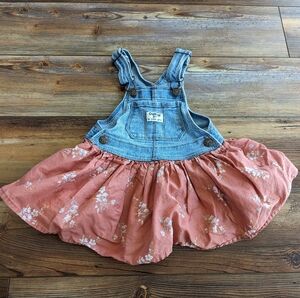 OshKosh B'gosh Toddler Denim Blue Overall Floral Cotton Skirt Dress 2T
